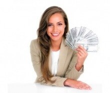 woman holding some cash for laptop